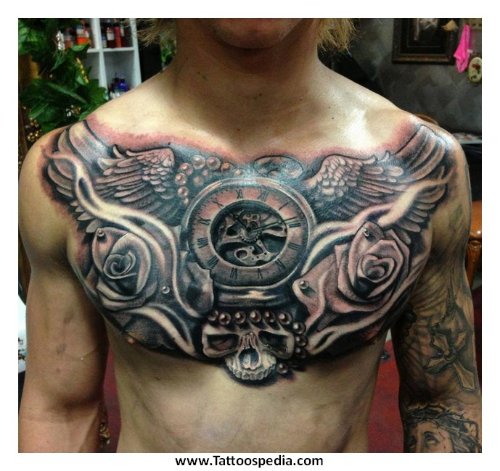 Grey Rose Flowers And Wings Angel Chest Tattoo